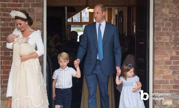 Baptism of Prince Louis, 2018, Kate carrying Prince Louis, accompanied by Prince George, Prince William and Princess Charlotte