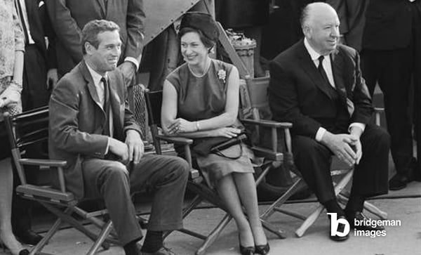 Paul Newman, Princess Margaret and Alfred Hitchcock on the set of 'Torn Curtain', 1966
